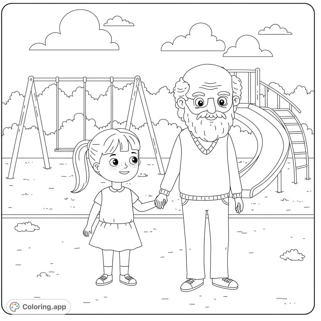 A heartwarming free printable playground coloring page featuring a grandfather and granddaughter holding hands, with swings and a slide. Perfect for family fun!