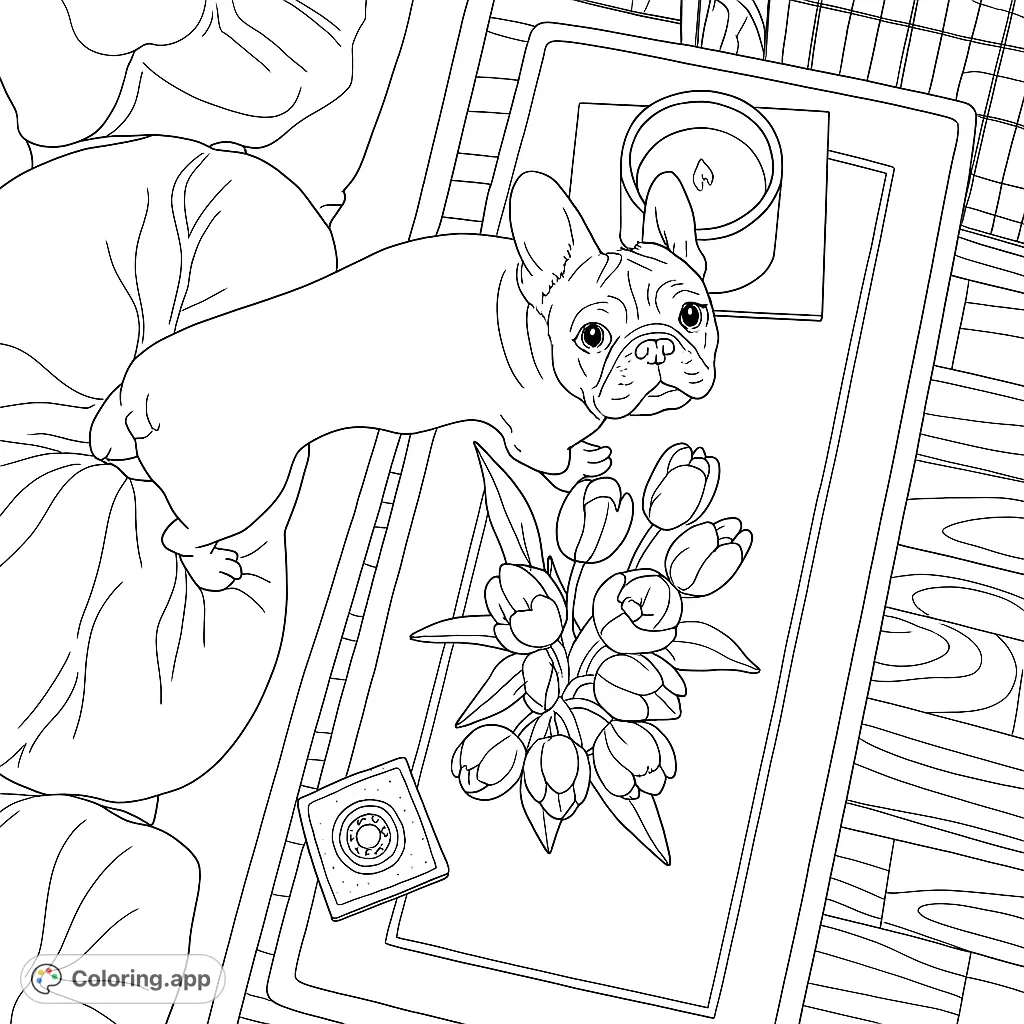Adorable French Bulldog on a cozy mat with a bouquet of tulips and a candle. A charming, free printable pet-themed coloring page for all ages.