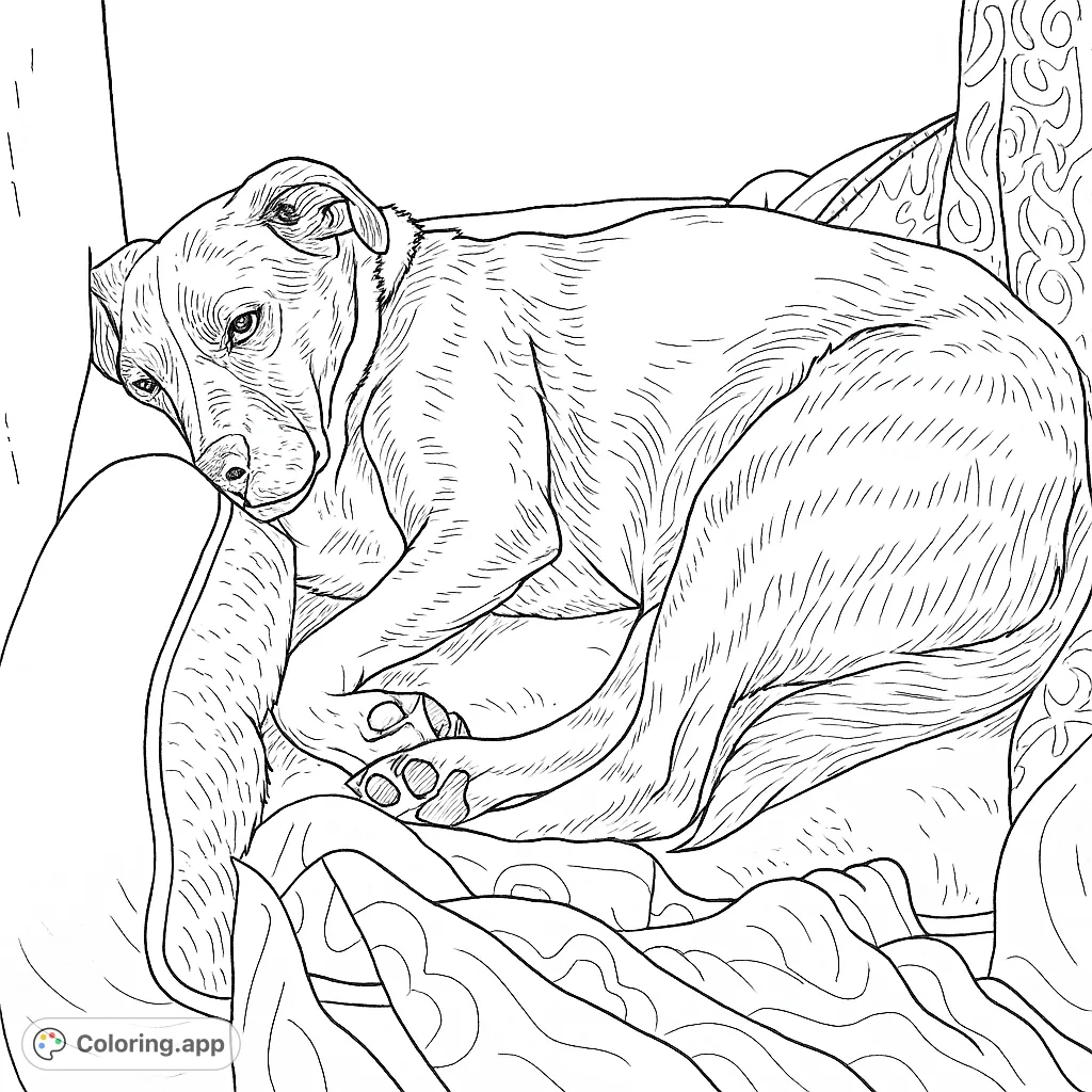 A heartwarming free printable dog coloring page featuring a cozy canine curled up on a soft bed, perfect for relaxation. Enjoy this animal coloring page for kids and adults.