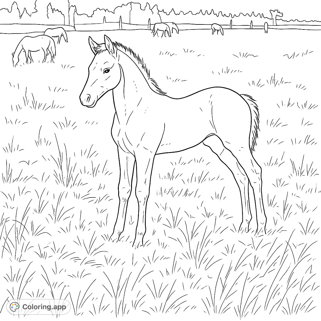 A delightful foal stands in a vibrant grassy field, with other horses grazing in the background. A charming free printable horse coloring page for all ages.