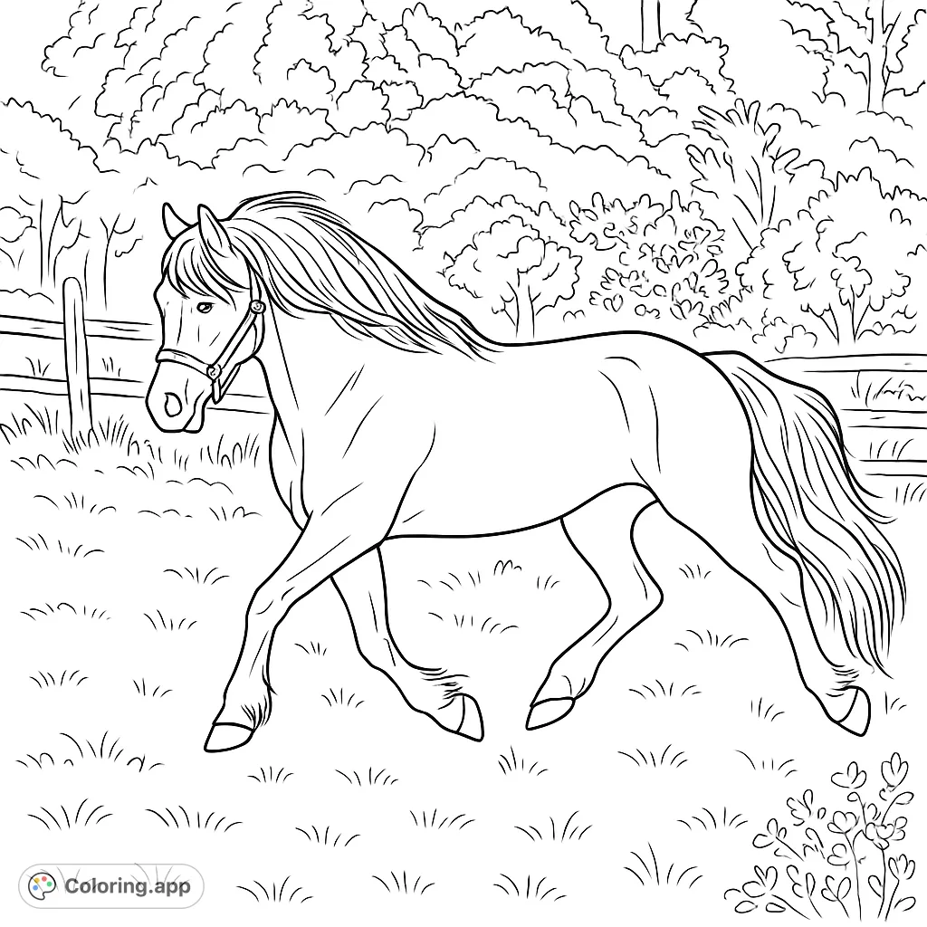 A beautiful horse trots through a grassy field with a forest background. Perfect for horse lovers to color and bring to life. Free printable horse coloring page.