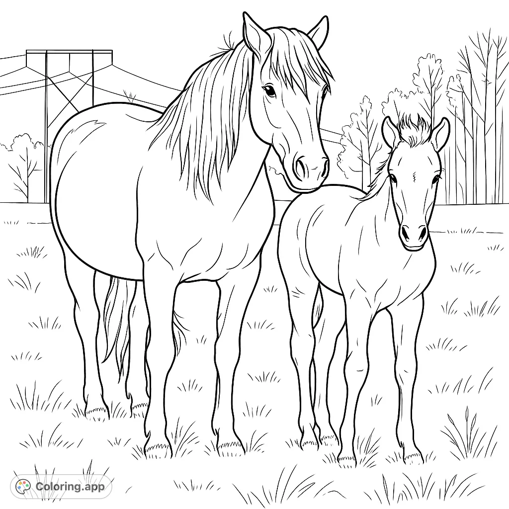 A heartwarming horse and foal coloring page, perfect for animal lovers. Features a mare and her baby in a grassy field. Free printable.