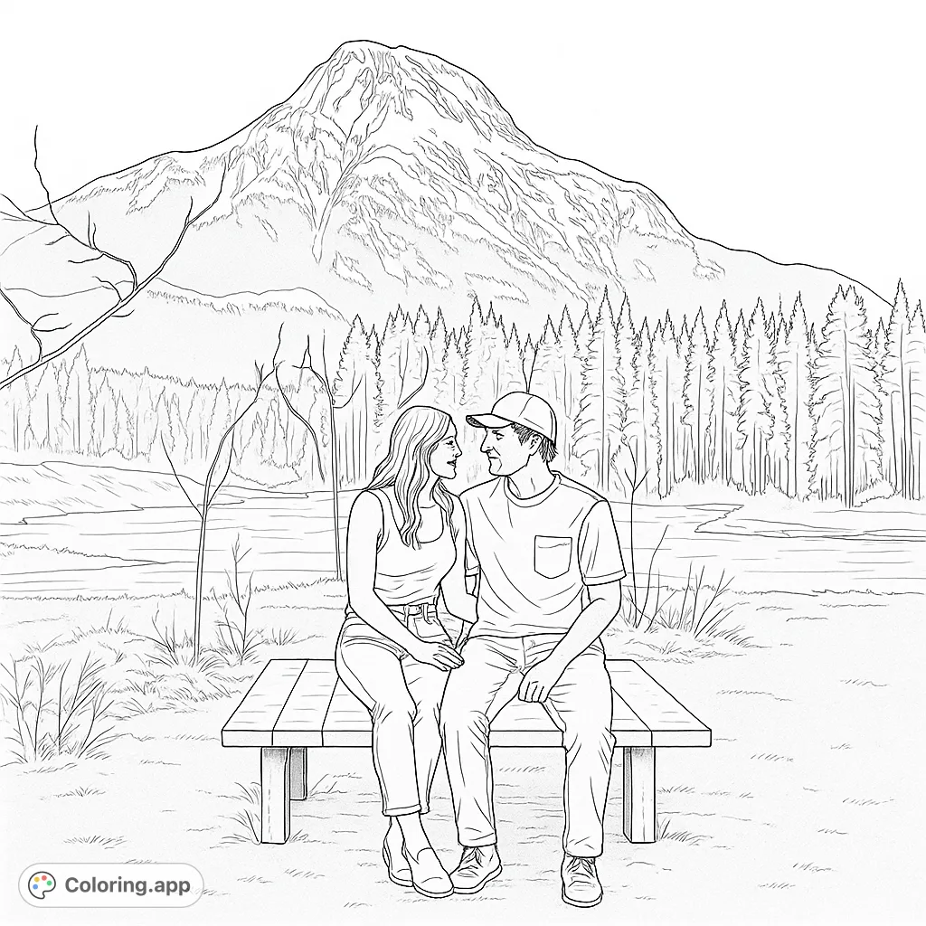 A romantic couple sits on a bench, gazing at each other with a majestic mountain and serene forest in the background. A beautiful nature scene.