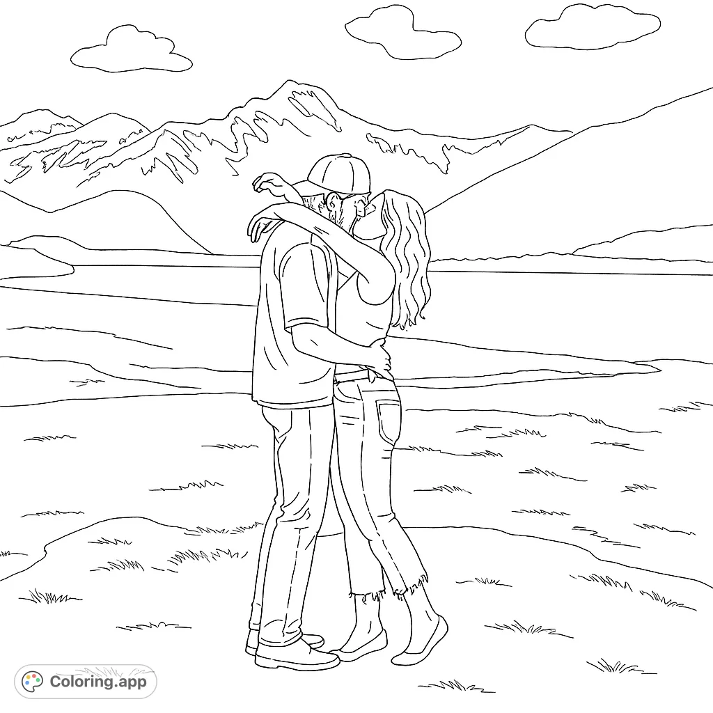 A romantic mountain lake coloring page featuring a couple sharing a tender kiss amidst a scenic landscape. Free printable coloring page for adults.
