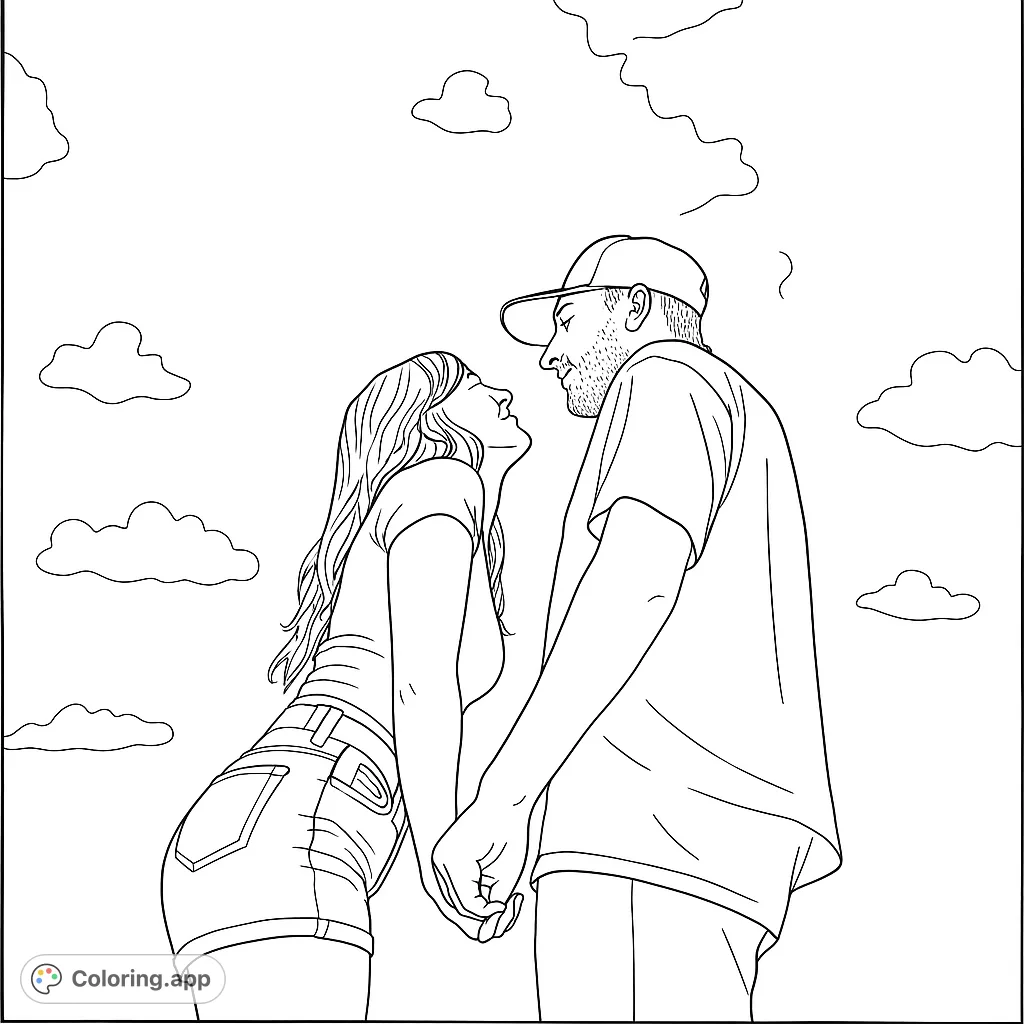 A romantic couple holding hands, gazing into each other's eyes under a sky with fluffy clouds. A heartwarming free printable love coloring page.