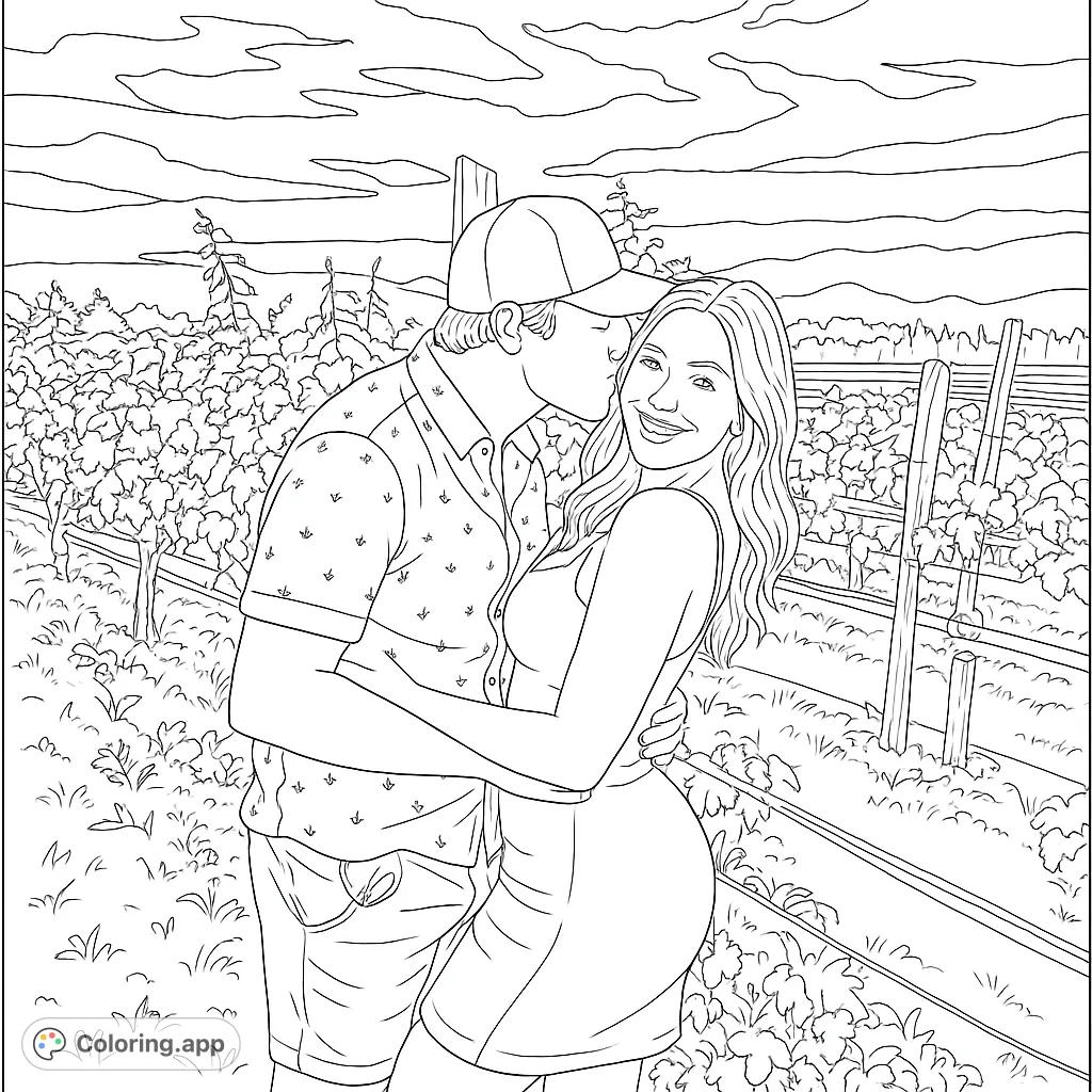 A romantic vineyard coloring page featuring a couple's sweet embrace amidst lush grapevines. Perfect for a free printable coloring page for adults.