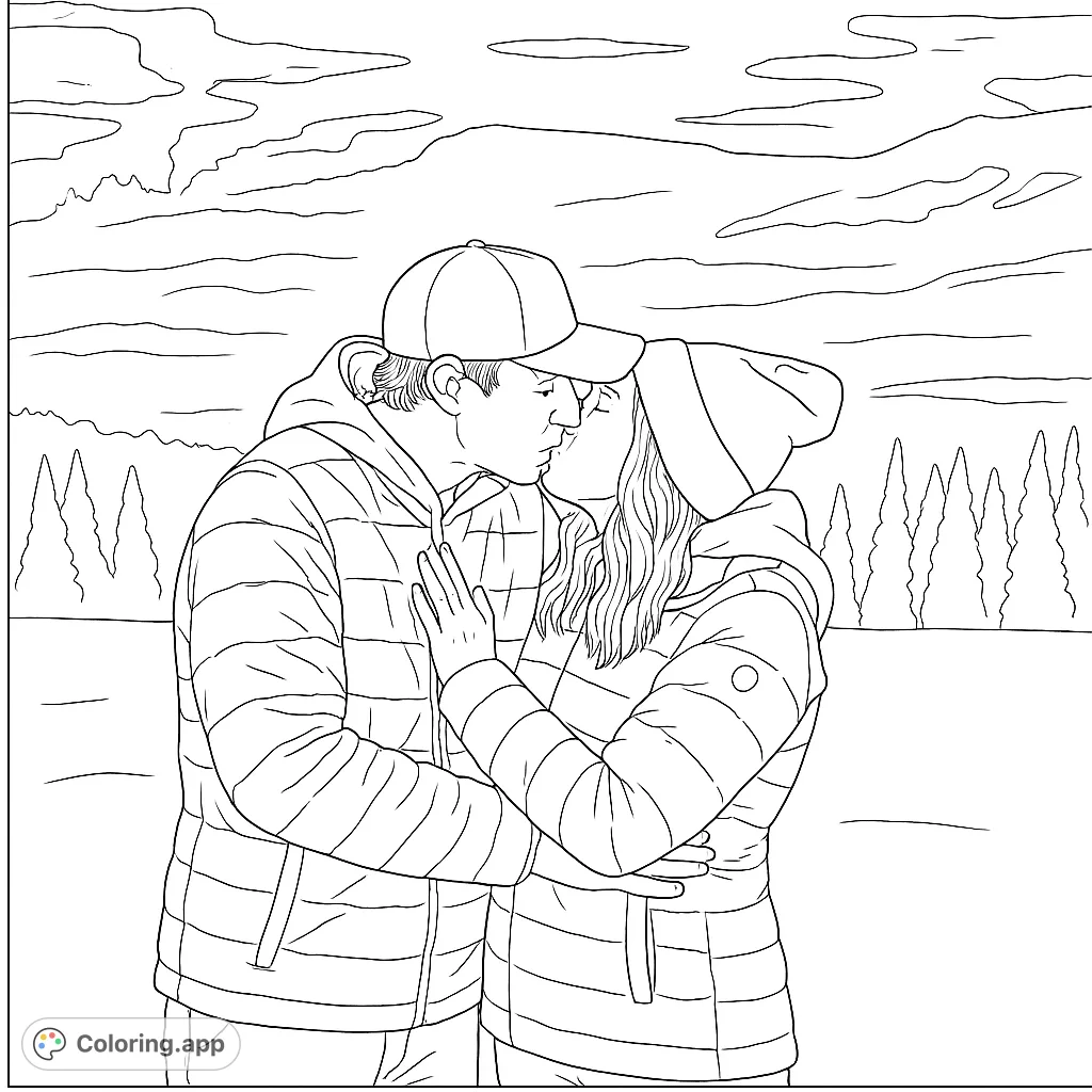 A heartwarming winter scene featuring a couple sharing a tender kiss amidst a snowy landscape. Perfect for a romantic free printable coloring page.