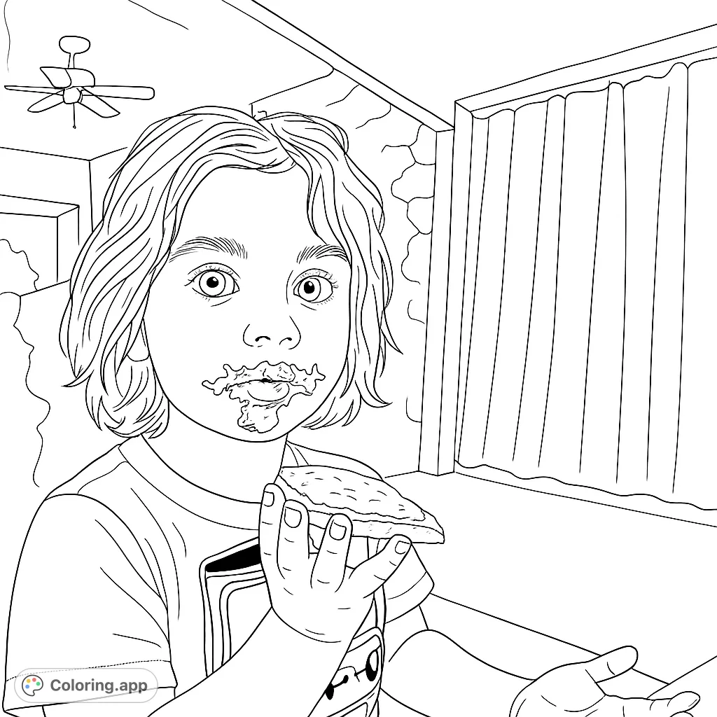 A delightful messy eater pizza coloring page featuring a child with a food-smeared face holding a pizza slice. Perfect for kids and fun-loving adults!