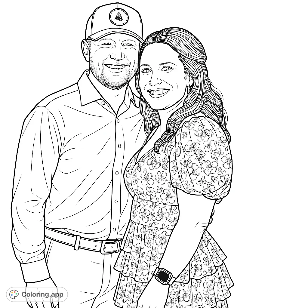 A heartwarming portrait of a smiling couple, perfect for a personalized coloring page. Features a man in a cap and a woman in a floral dress.