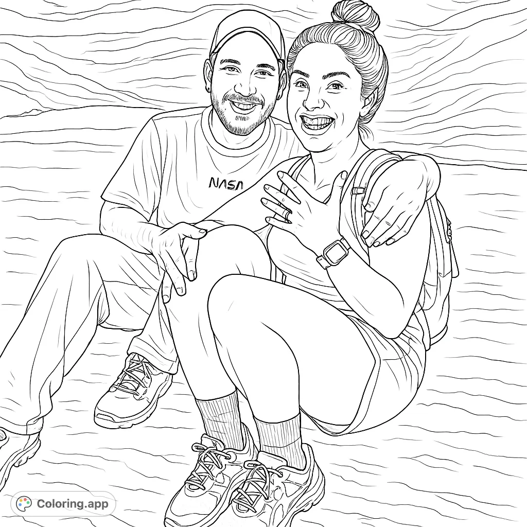 A happy couple sits together in a rocky cave, smiling and ready for adventure. Perfect for nature lovers and those who enjoy outdoor themes.