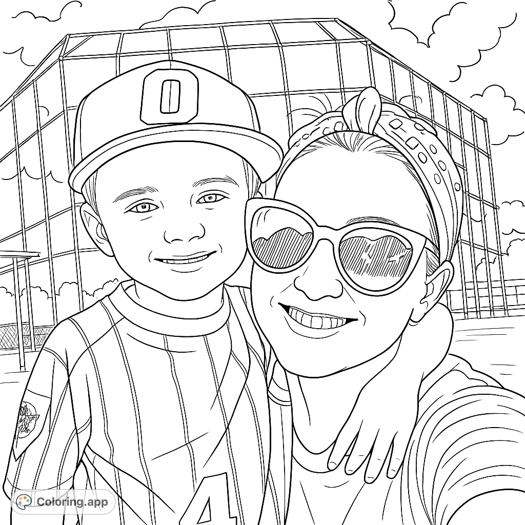 Capture a heartwarming baseball day selfie! A smiling boy in a cap and jersey with his mom in sunglasses and a headscarf at the stadium.