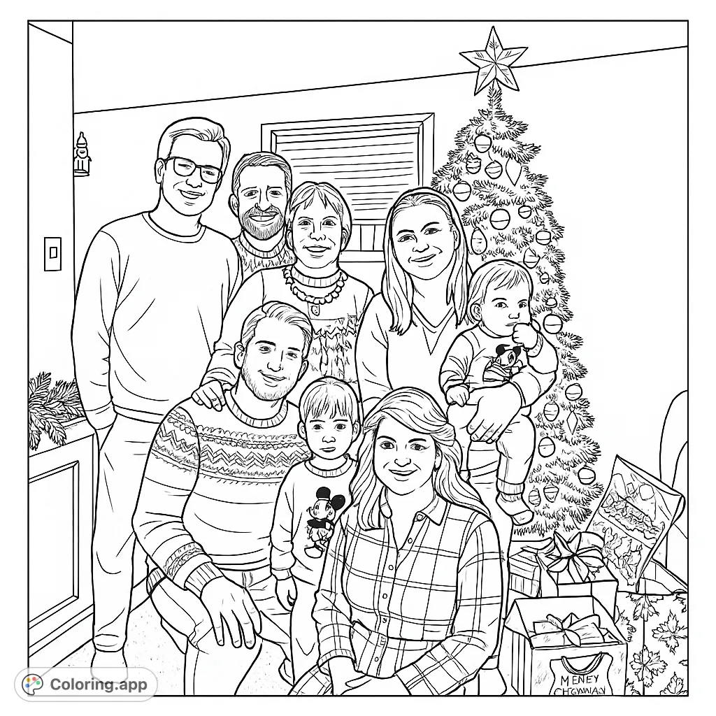 Capture the joy of a family Christmas with this heartwarming coloring page featuring loved ones and a festive tree, perfect for holiday fun.