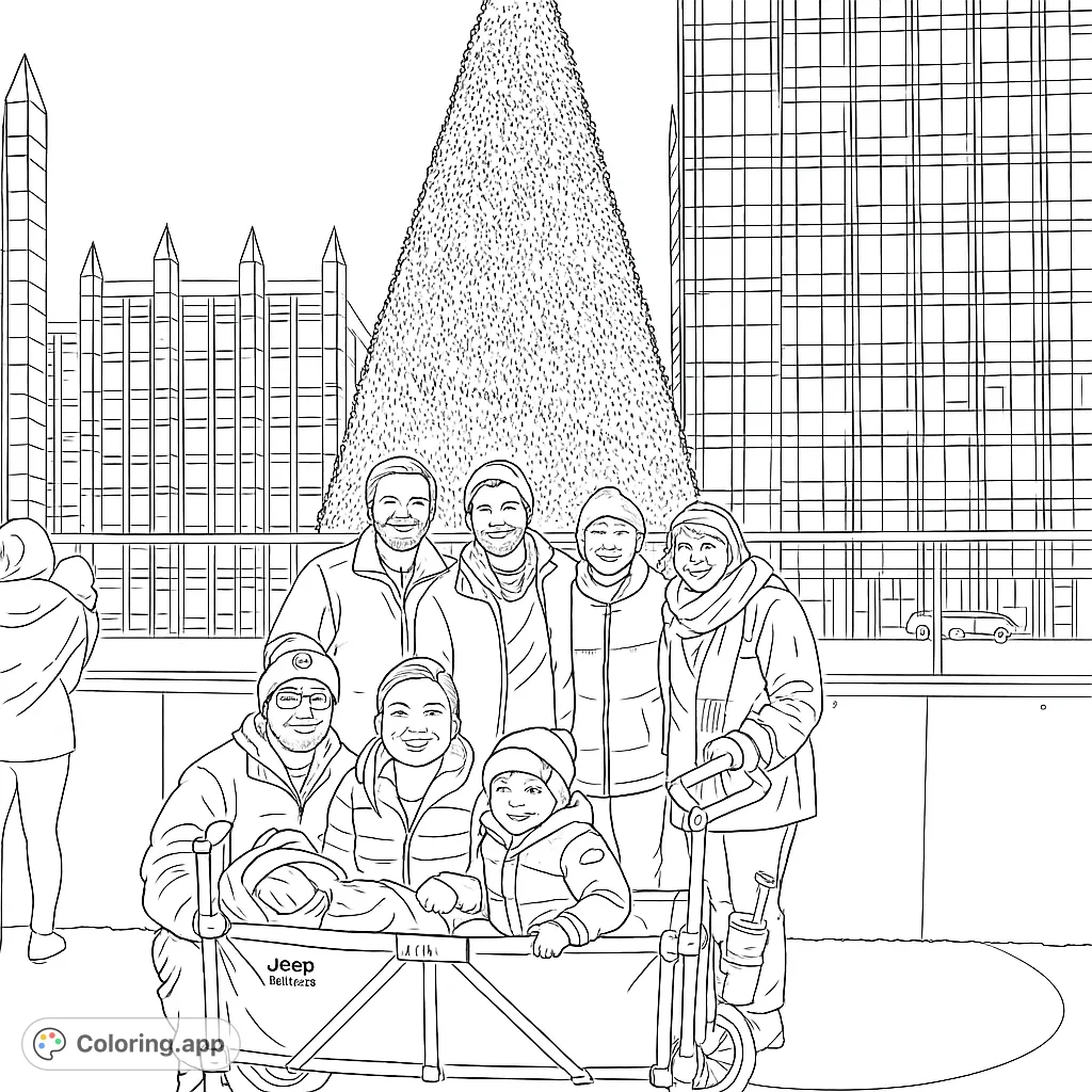 A joyful family gathers before a towering, festive Christmas tree in a vibrant city square, perfect for holiday cheer and detailed coloring fun.
