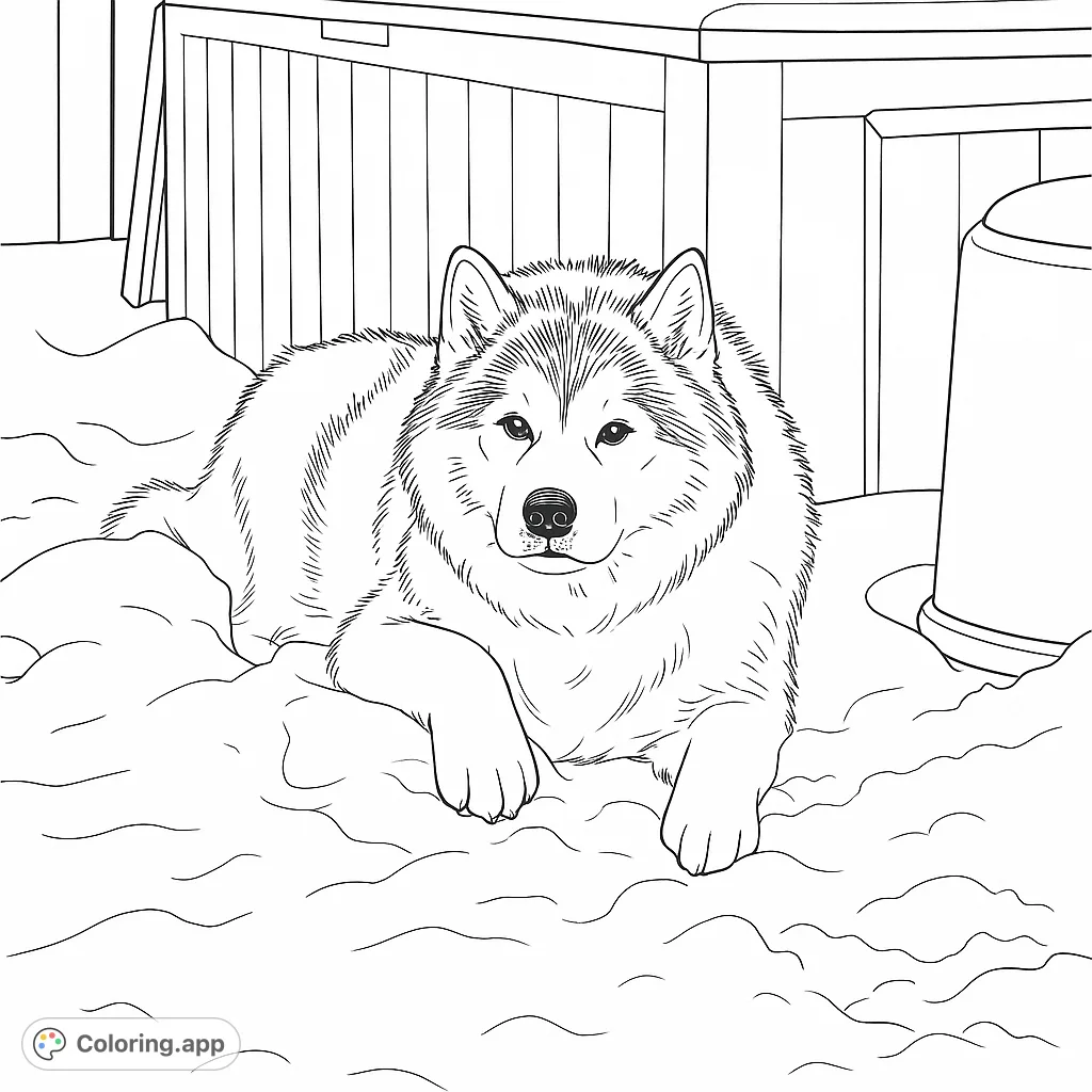 A charming husky coloring page featuring a fluffy dog resting amidst a snowy scene. Perfect for dog lovers and winter enthusiasts.