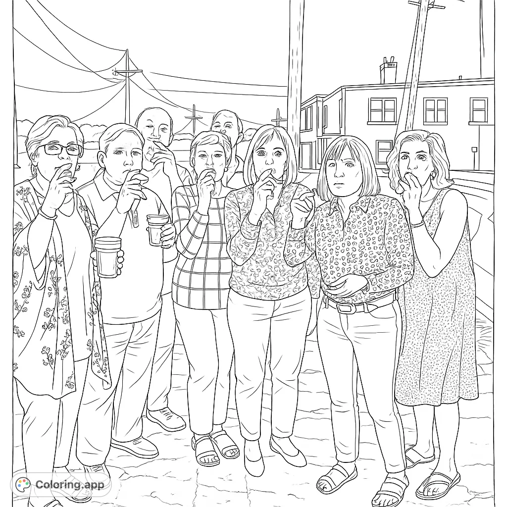 A group of friends enjoying a casual outdoor gathering, with some holding cigarettes and drinks, set against an urban backdrop.