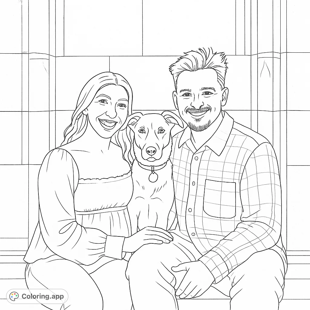 A heartwarming family portrait featuring a smiling couple and their beloved dog, perfect for a free printable coloring page.