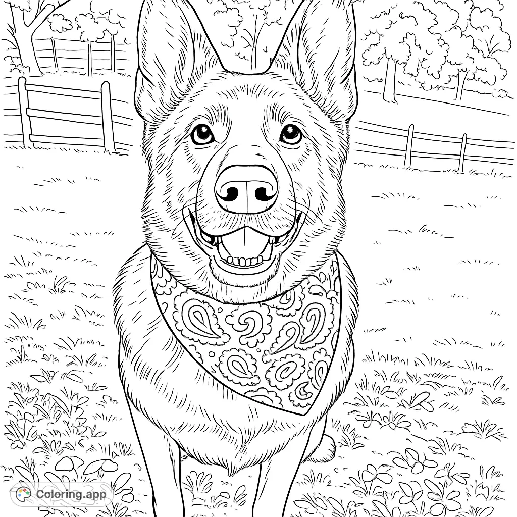 A cheerful dog with a paisley bandana smiles in a sunny field. A free printable dog coloring page for all ages.