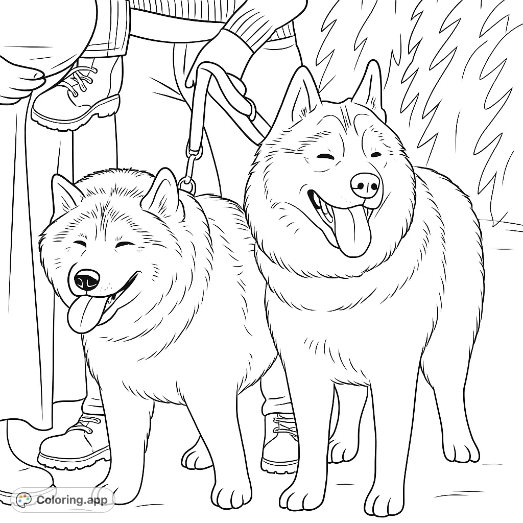 Capture the joy of two happy huskies standing in fresh snow with their owners. This free printable husky coloring page offers delightful details for all ages.