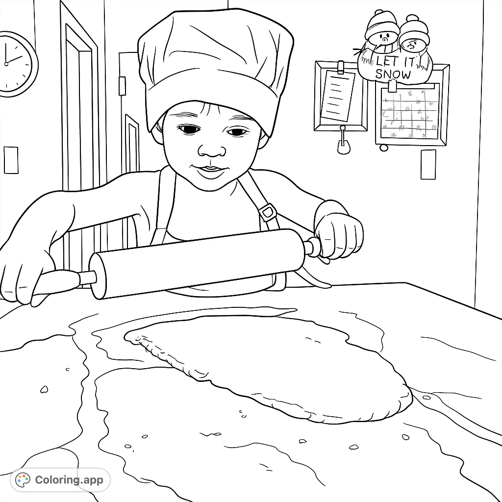 A delightful baking coloring page featuring a little chef rolling dough. Perfect for kids, this free printable coloring page captures kitchen fun and creativity.