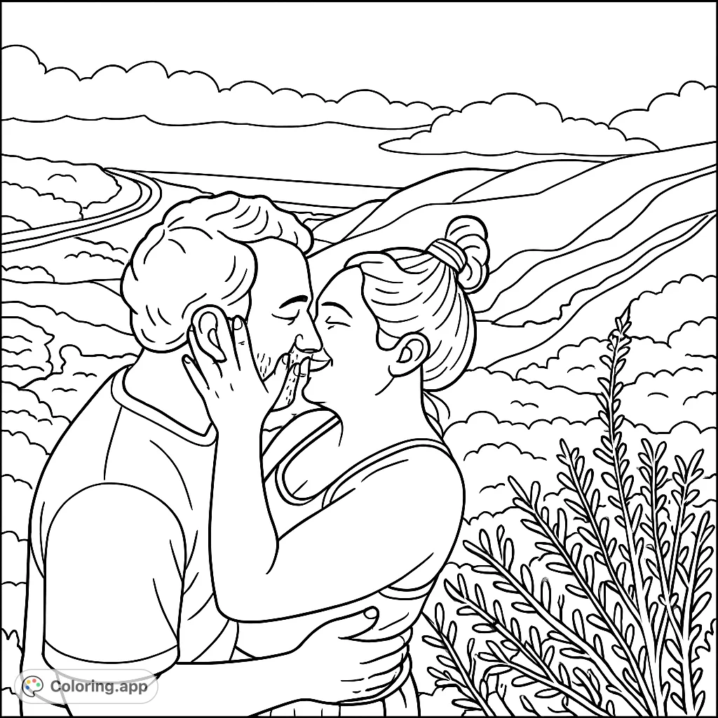 A heartwarming romantic couple coloring page featuring a loving kiss on a scenic hilltop, perfect for expressing affection and creativity.