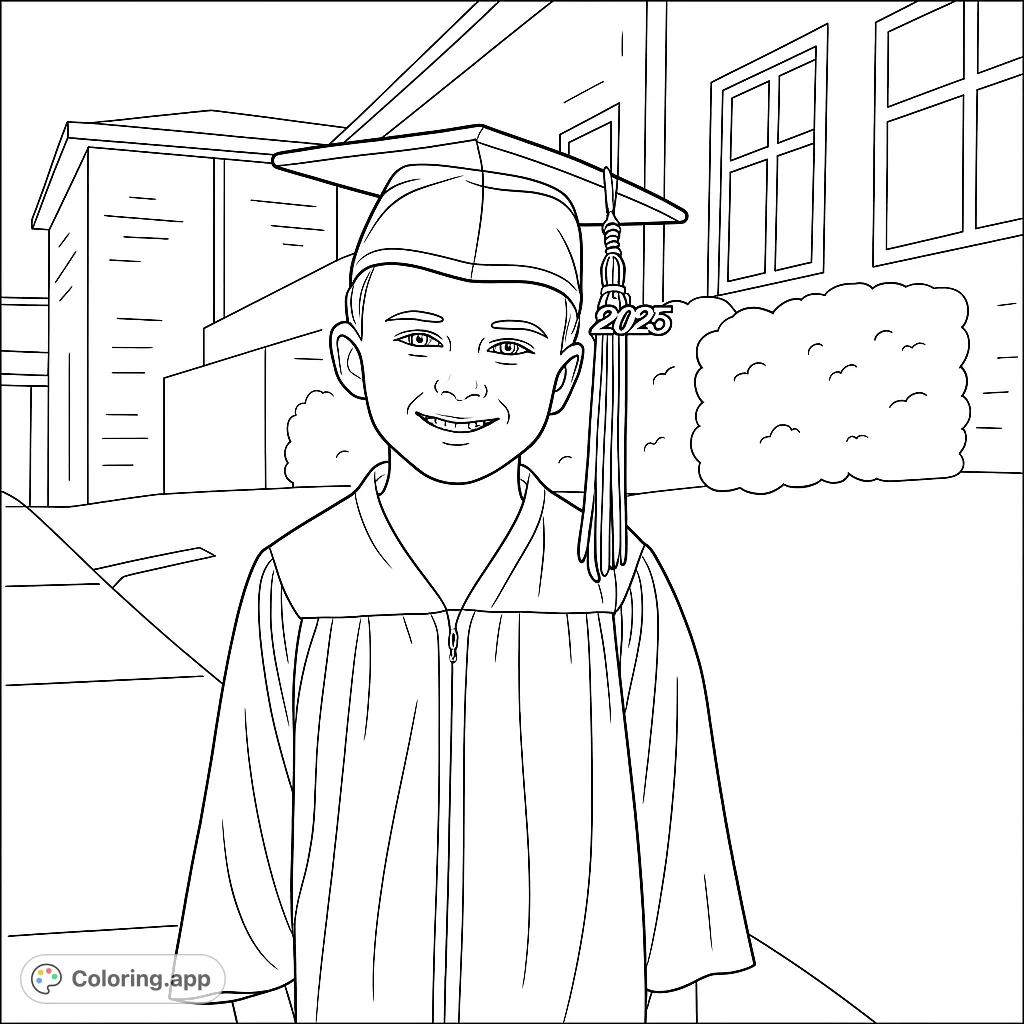 Celebrate milestones with this graduation coloring page featuring a smiling young boy in cap and gown, ready for his big day. Perfect for kids!