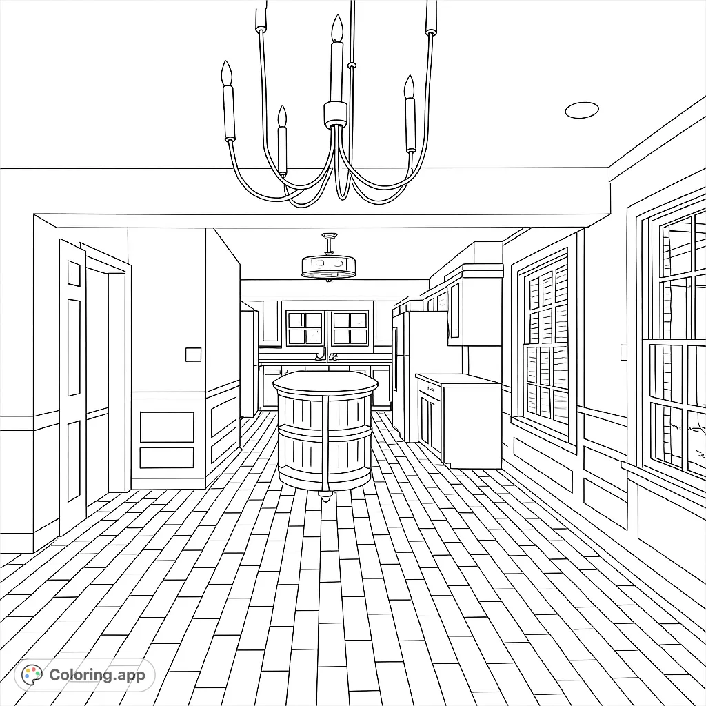 Explore a detailed kitchen interior with a grand chandelier, tiled floor, and charming windows. A perfect home interior coloring page for relaxation and creativity.