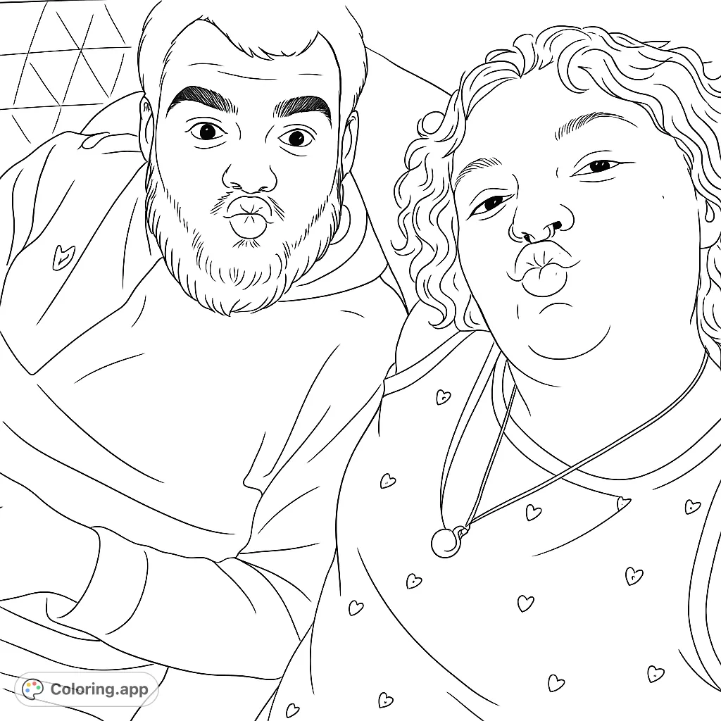 A charming couple strikes a playful kissy face pose, perfect for a romantic coloring page. Features a bearded man and a curly-haired woman with heart details.