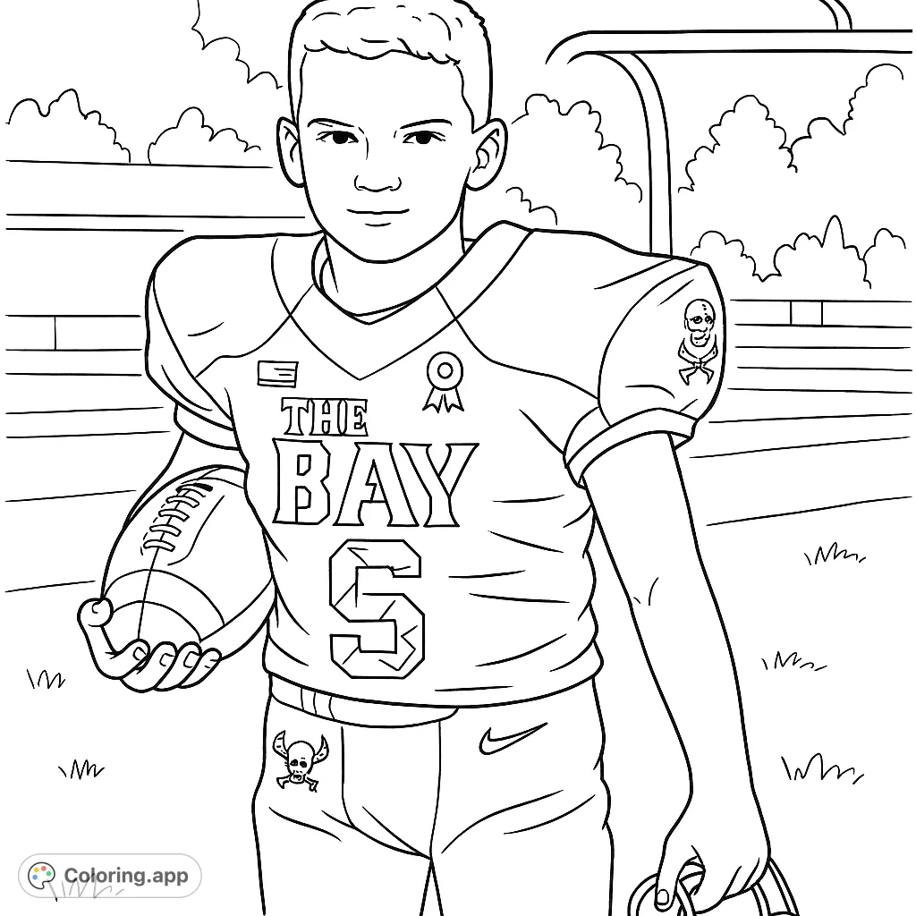 Score big with this football player coloring page! A young athlete in uniform holds a football on the field, ready for action. Free printable sports coloring page for kids.