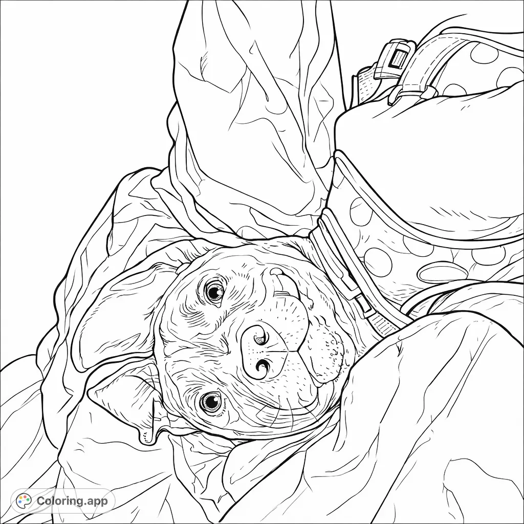 Discover this charming puppy portrait coloring page! Featuring a sweet dog snuggled in soft bedding, perfect for animal lovers of all ages.