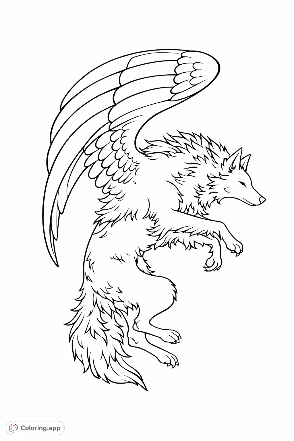 Leaping with grace, this majestic winged wolf coloring page offers a captivating fantasy creature to bring to life with your unique palette.