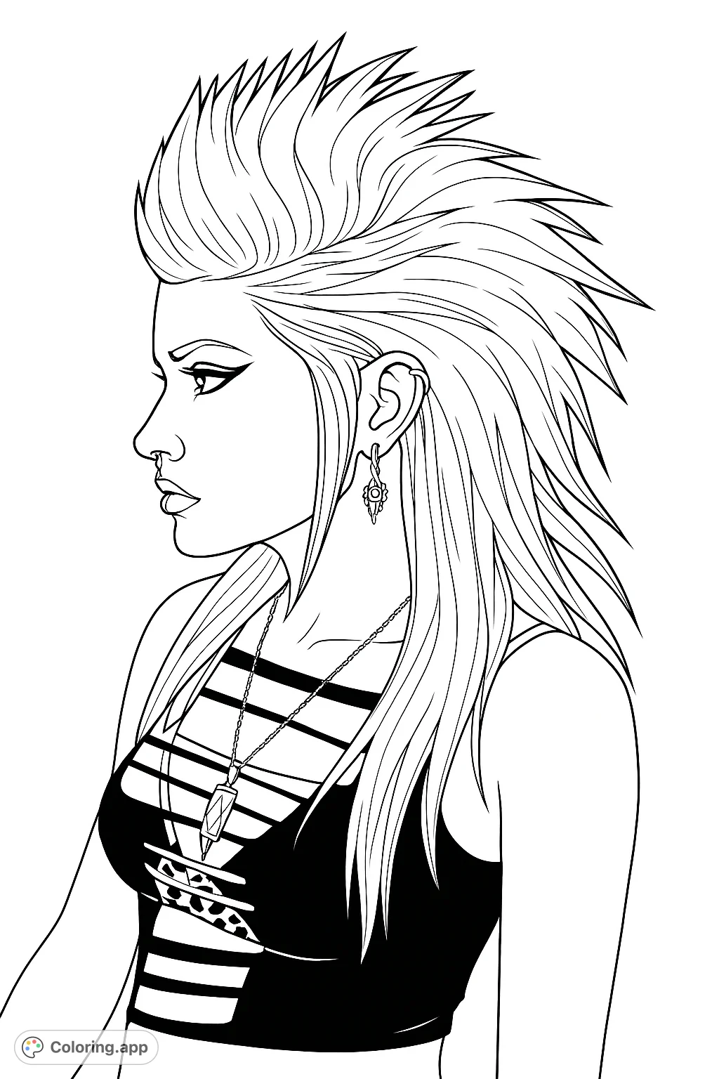 An edgy portrait featuring a person with a bold, spiky hairstyle, facial piercings, and a fashion-forward top, inviting creative expression for teens and adults.