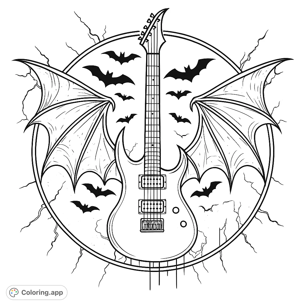 A striking gothic rock coloring page featuring an electric guitar with bat wings, flying bats, and lightning against a distressed circular background.