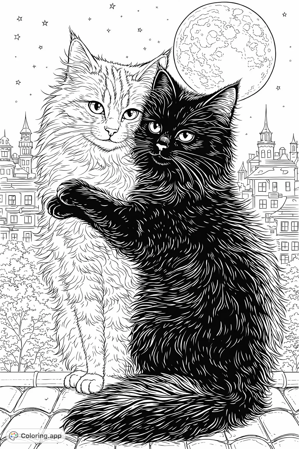 Two fluffy cats embrace on a city rooftop under a giant, glowing celestial body. A heartwarming scene with intricate fur textures and detailed cityscape.