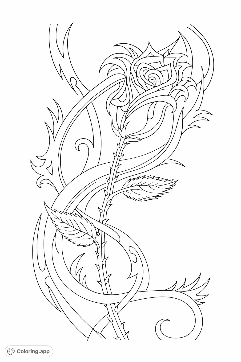 Explore the striking contrast of a detailed rose intertwined with bold tribal patterns. A unique design for creative expression and mindful coloring.
