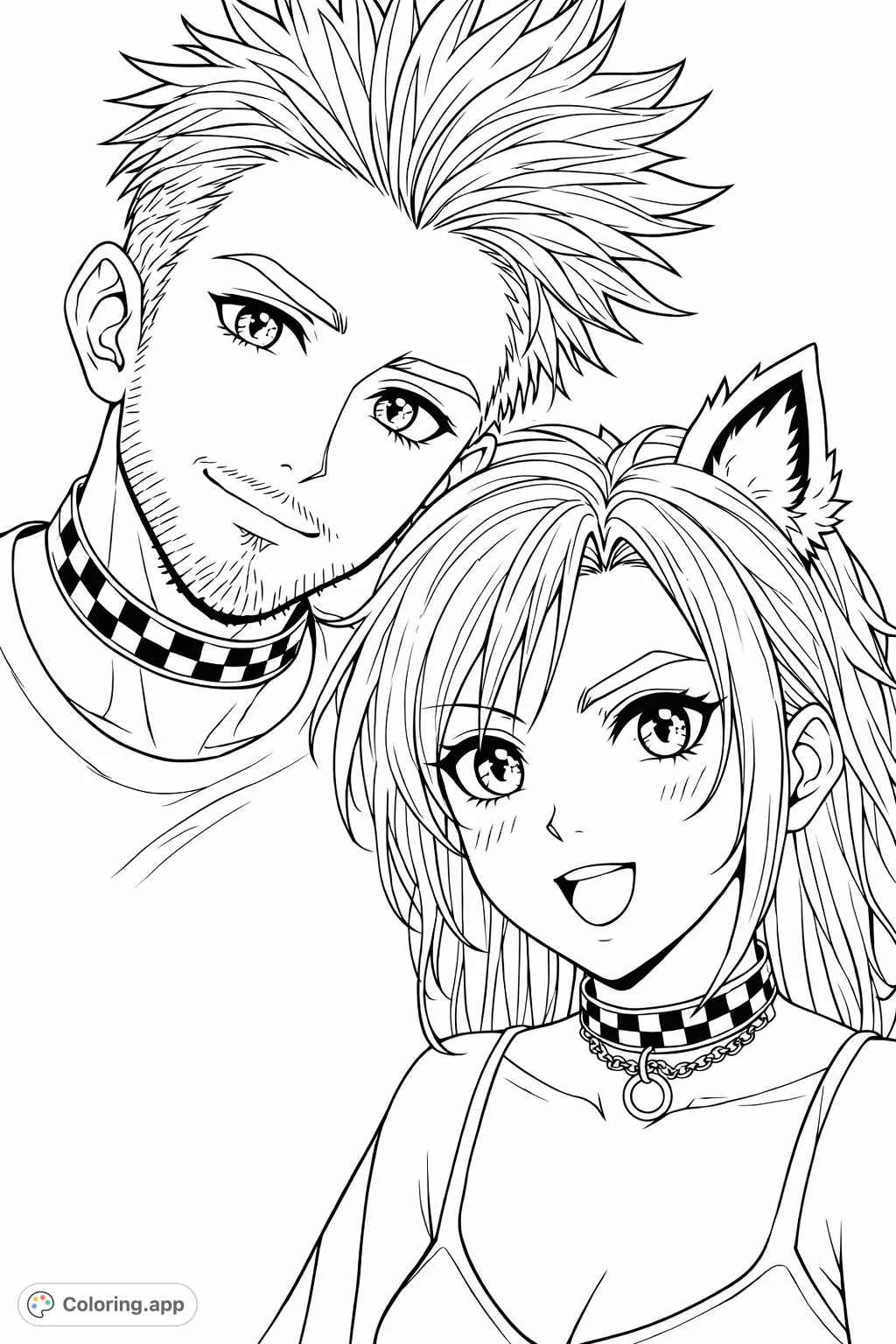 Dive into this anime-inspired coloring page featuring a cool duo with distinctive hairstyles and fashionable chokers, set against a dynamic geometric background.