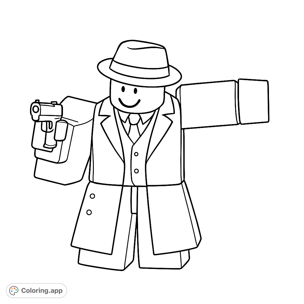 Color a blocky detective figure in a fedora and trench coat, holding a pistol. A fun, free printable character coloring page for all ages.