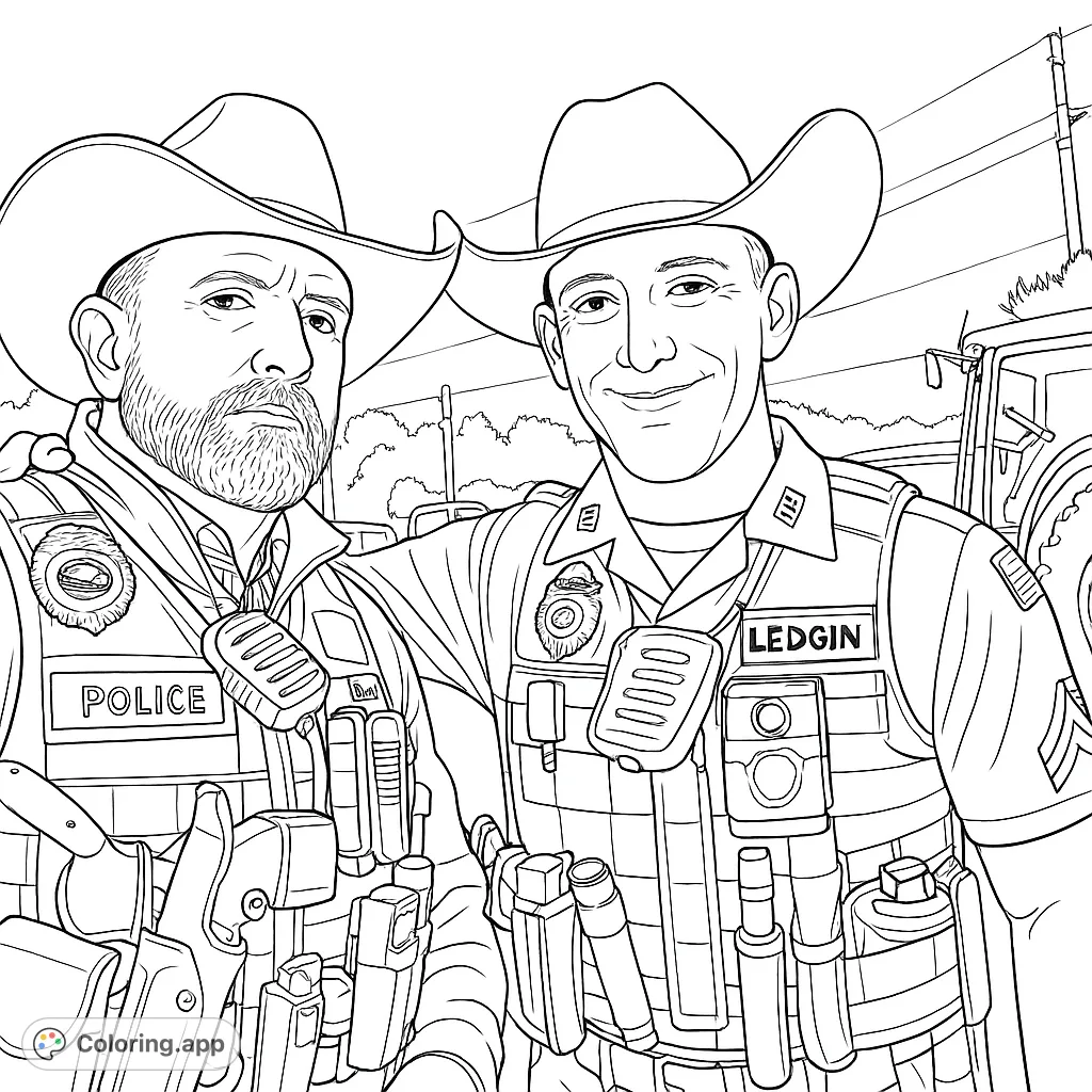 Two brave cowboy police officers in tactical gear, ready for duty. A detailed free printable law enforcement coloring page for all ages.