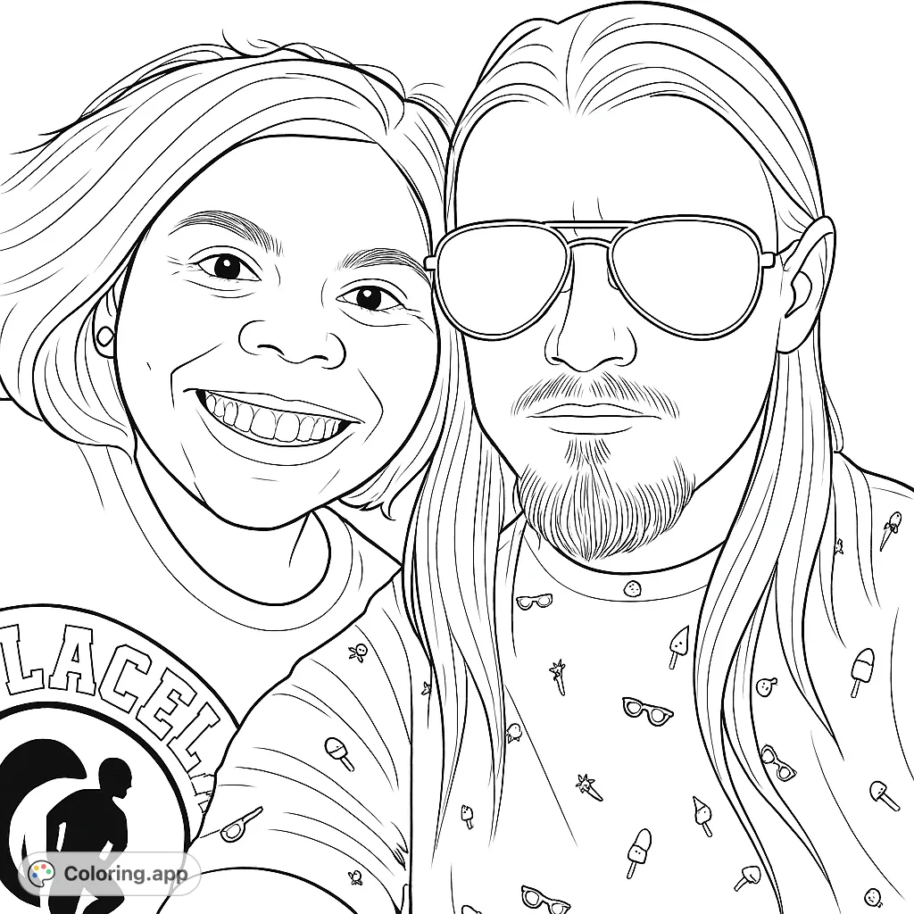 A cheerful couple's close-up portrait, perfect for coloring. Features a smiling woman and a man with sunglasses and a patterned shirt, ready for your creative touch.