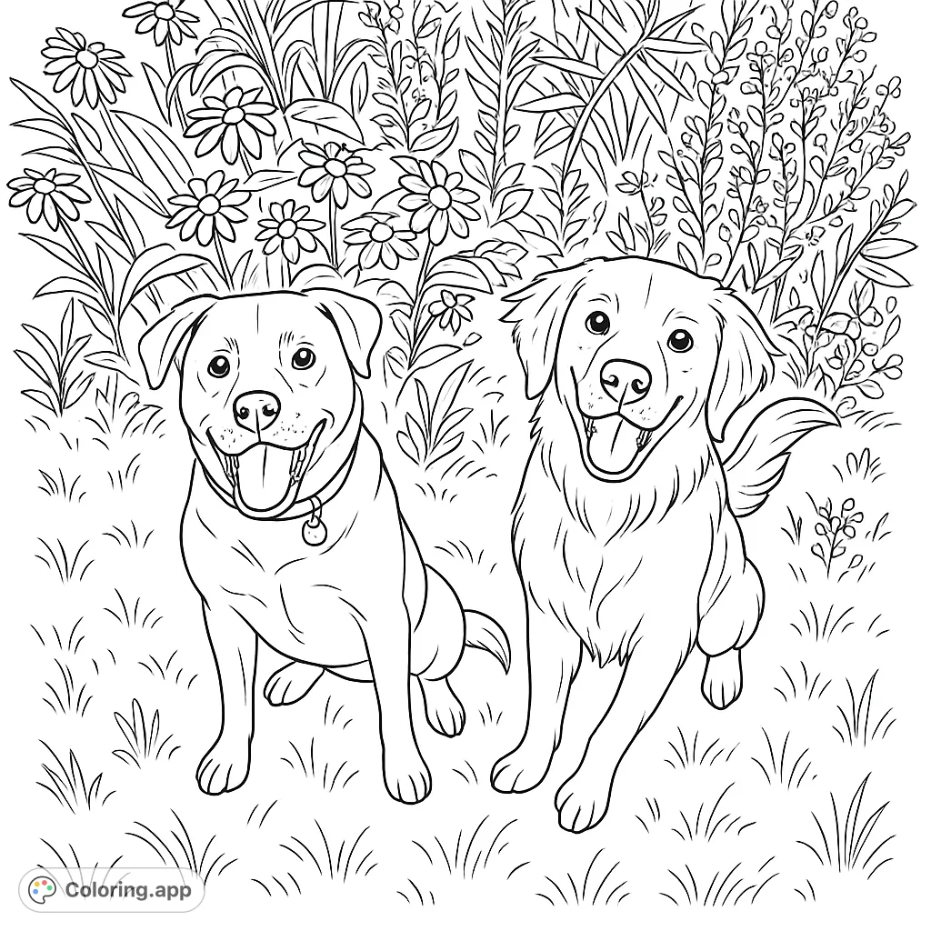 Two joyful dogs, a short-haired and a long-haired breed, sit happily amidst a vibrant field of flowers and tall grass, ready for a burst of color.