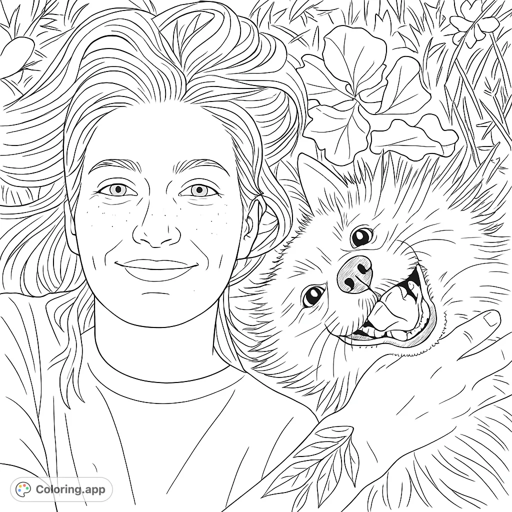 A heartwarming free printable person and dog coloring page featuring a smiling person with a happy, fluffy dog amidst lush nature. Perfect for all ages!