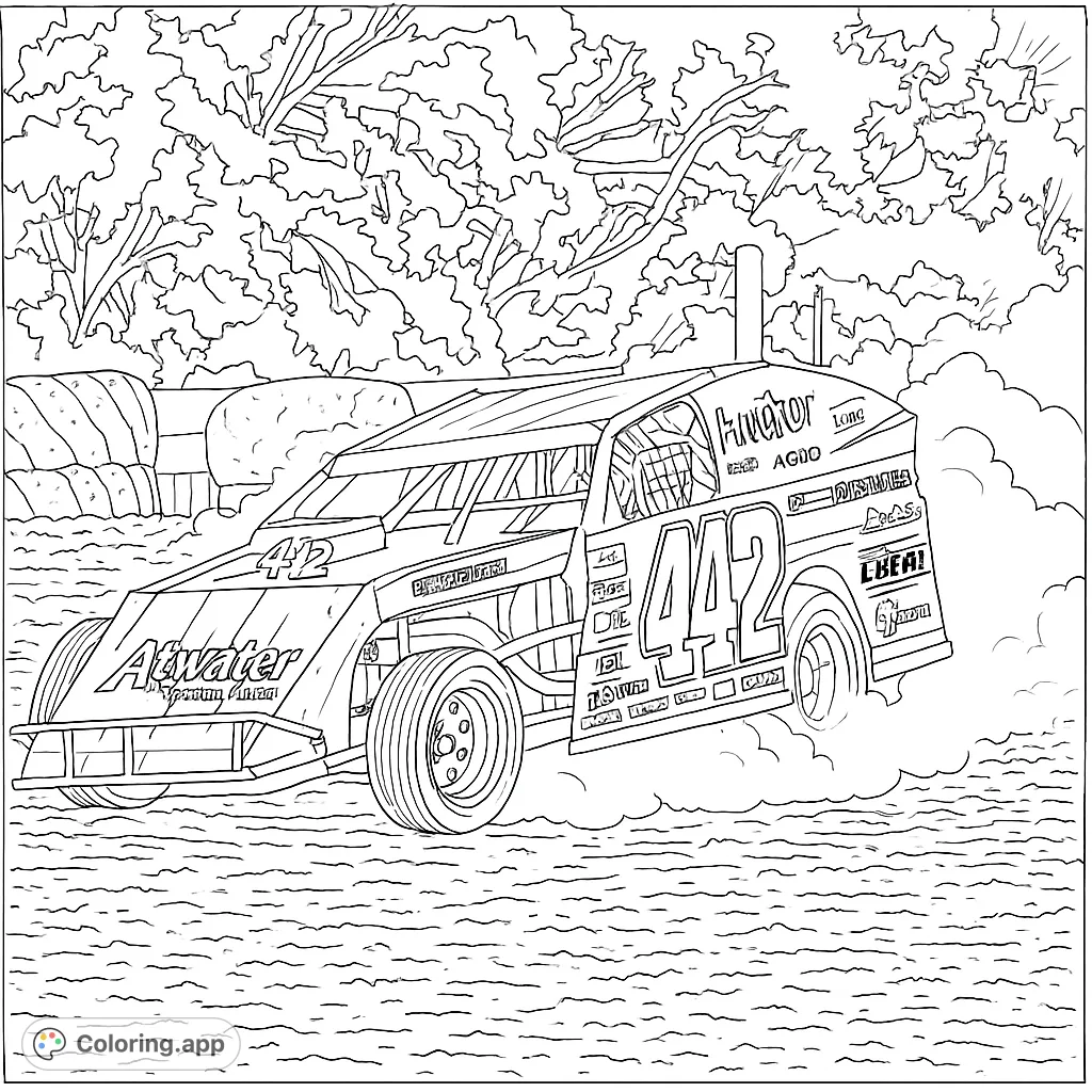 Dynamic dirt track race car coloring page, featuring a powerful vehicle kicking up dust on a textured track with a natural background.