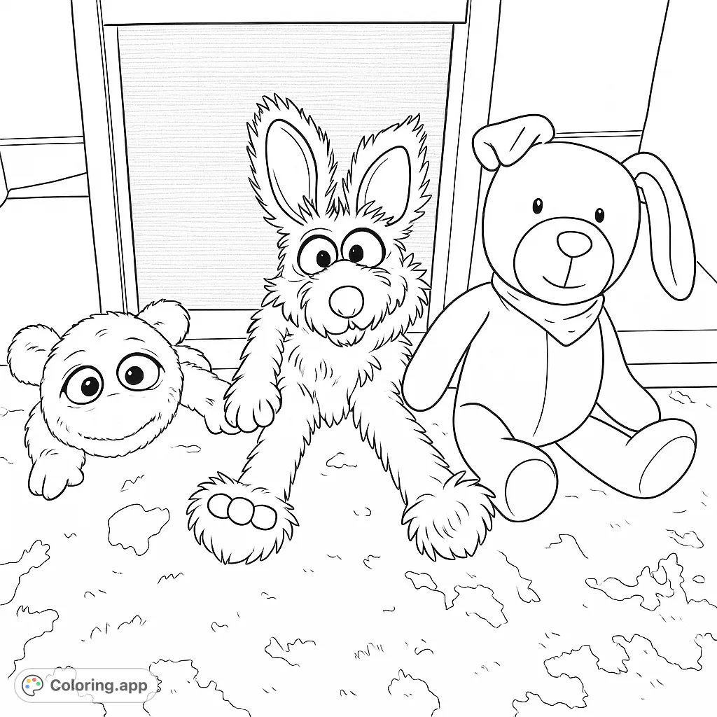 Three adorable stuffed animal friends – a furry creature, a shaggy rabbit, and a dog plushie – ready for colorful fun. A free printable toy coloring page!