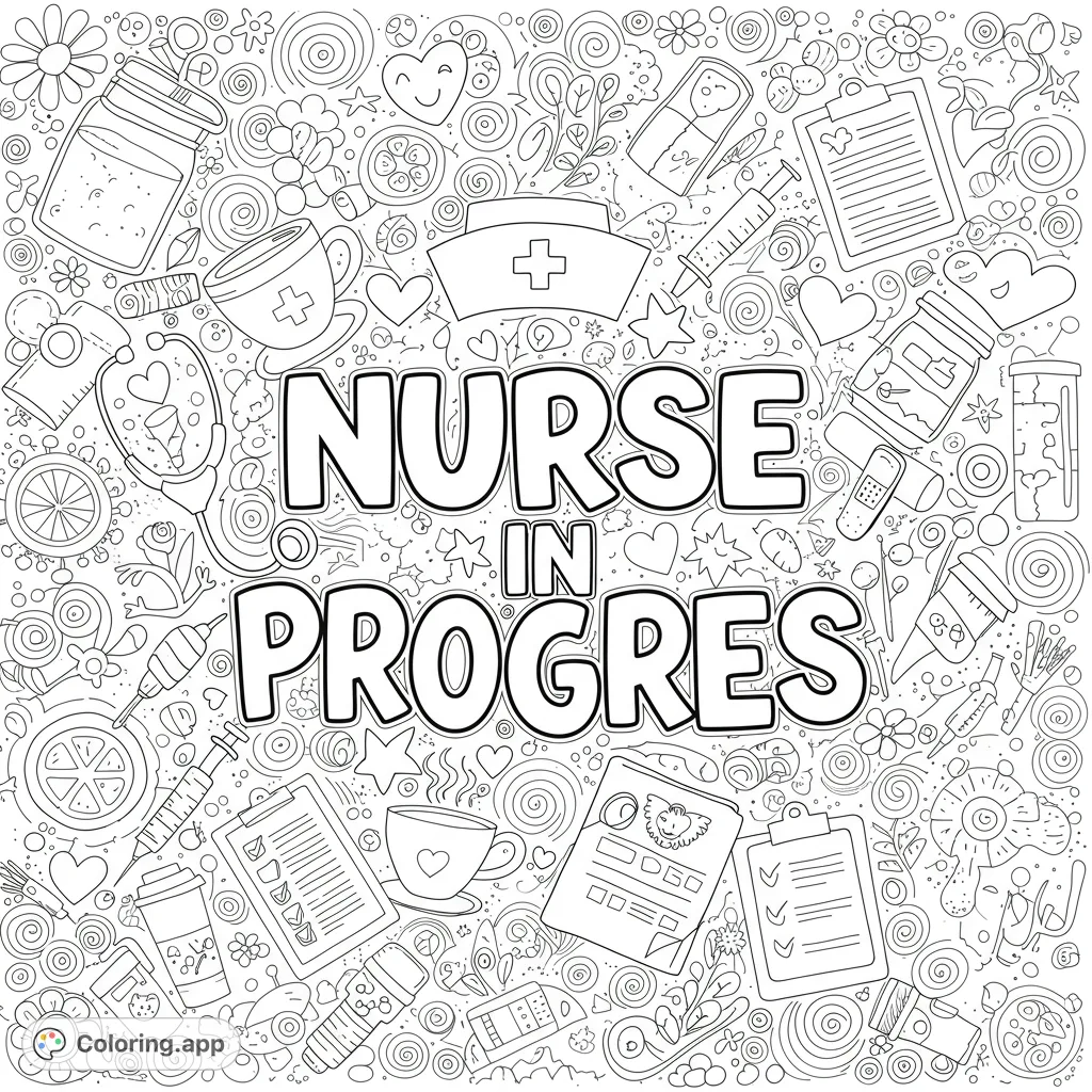 Celebrate future healthcare heroes with this detailed nurse in progress coloring page, filled with medical doodles. Free printable coloring page for all ages.