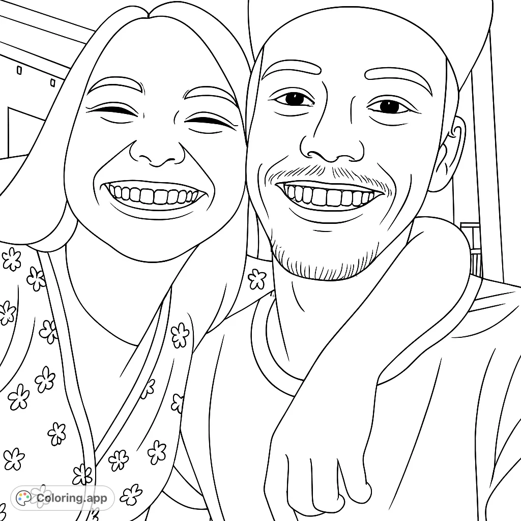 A heartwarming black and white line drawing of a smiling couple taking a selfie, perfect for personalizing with vibrant colors.