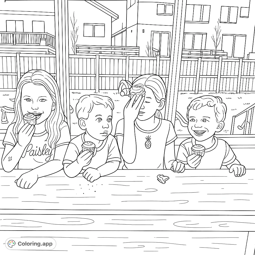 Join four happy kids enjoying cupcakes at an outdoor party! A delightful free printable coloring page for kids, perfect for sweet moments and creative fun.