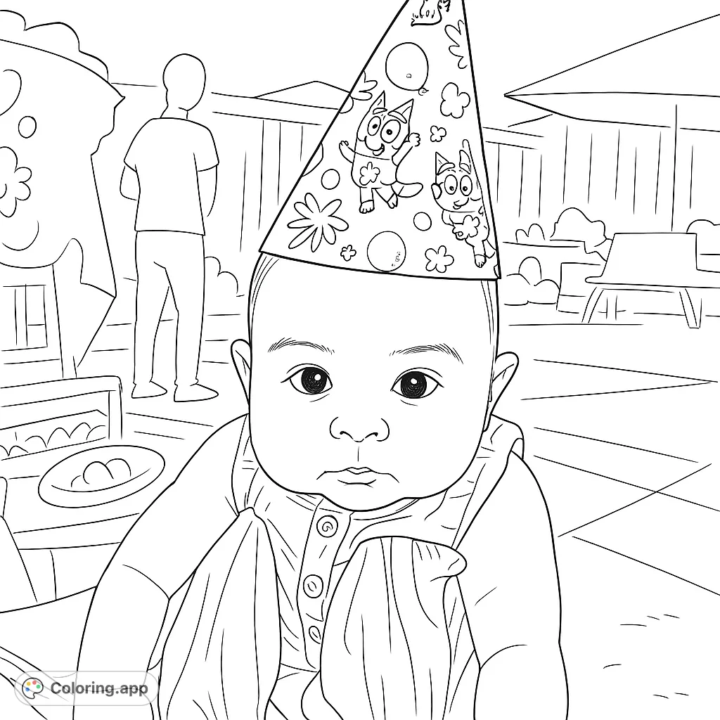 Celebrate with this adorable baby party coloring page! Features a cute baby in a festive hat, perfect for birthdays and family fun.