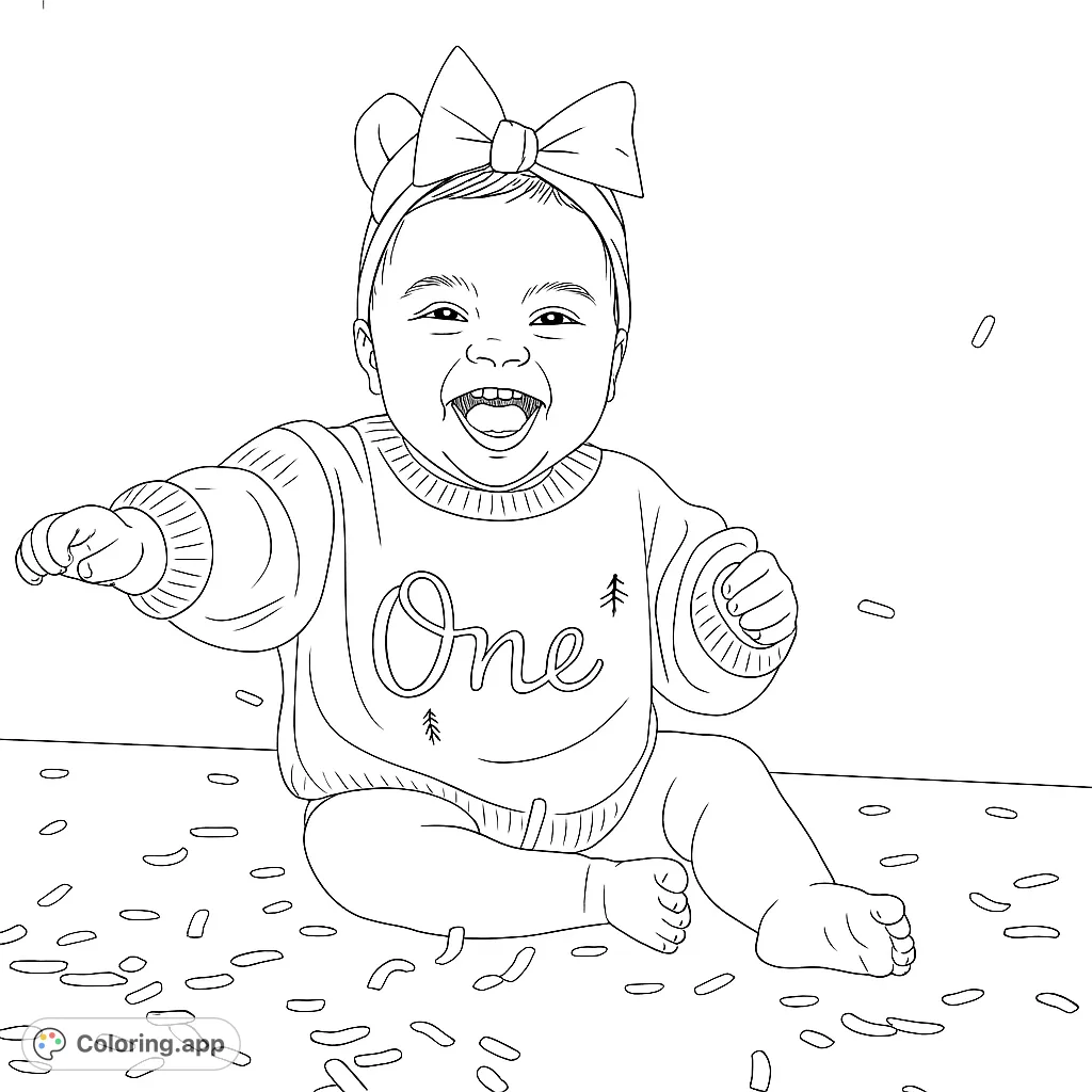 Celebrate a milestone with this adorable baby's first birthday coloring page! Features a laughing baby, a festive "One" sweater, and scattered confetti.