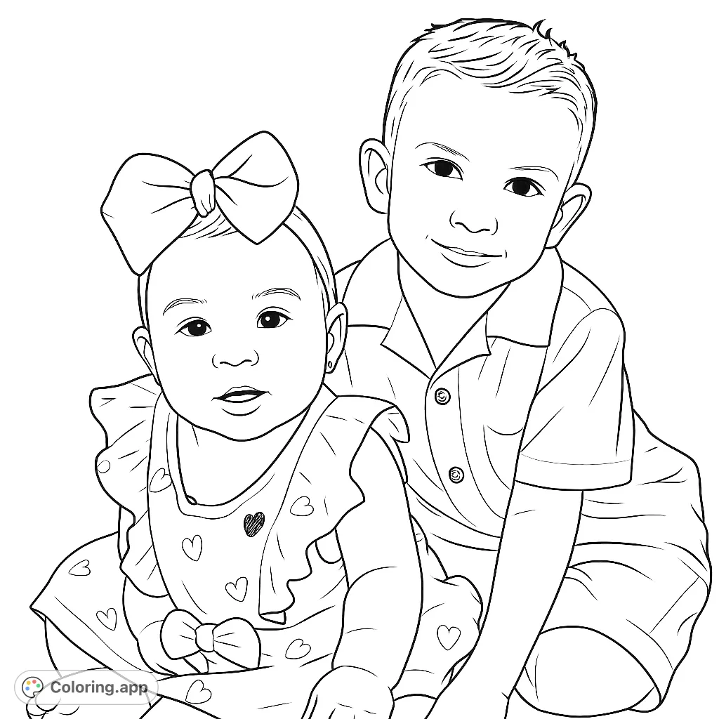 Adorable siblings portrait coloring page featuring a baby girl with a bow and her older brother, perfect for family fun and creative expression.