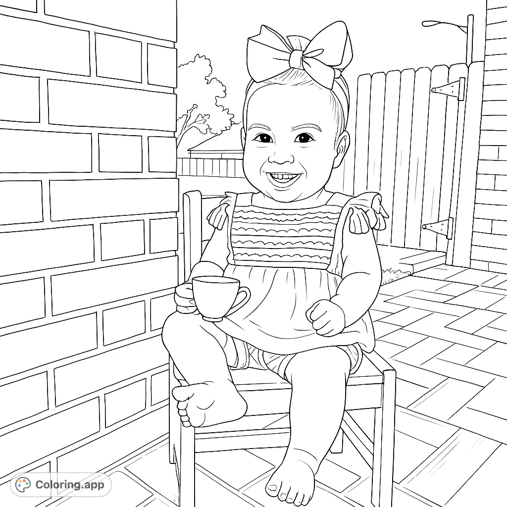 A delightful baby with a big bow enjoys a pretend tea party on a patio, perfect for a charming and heartwarming coloring experience.