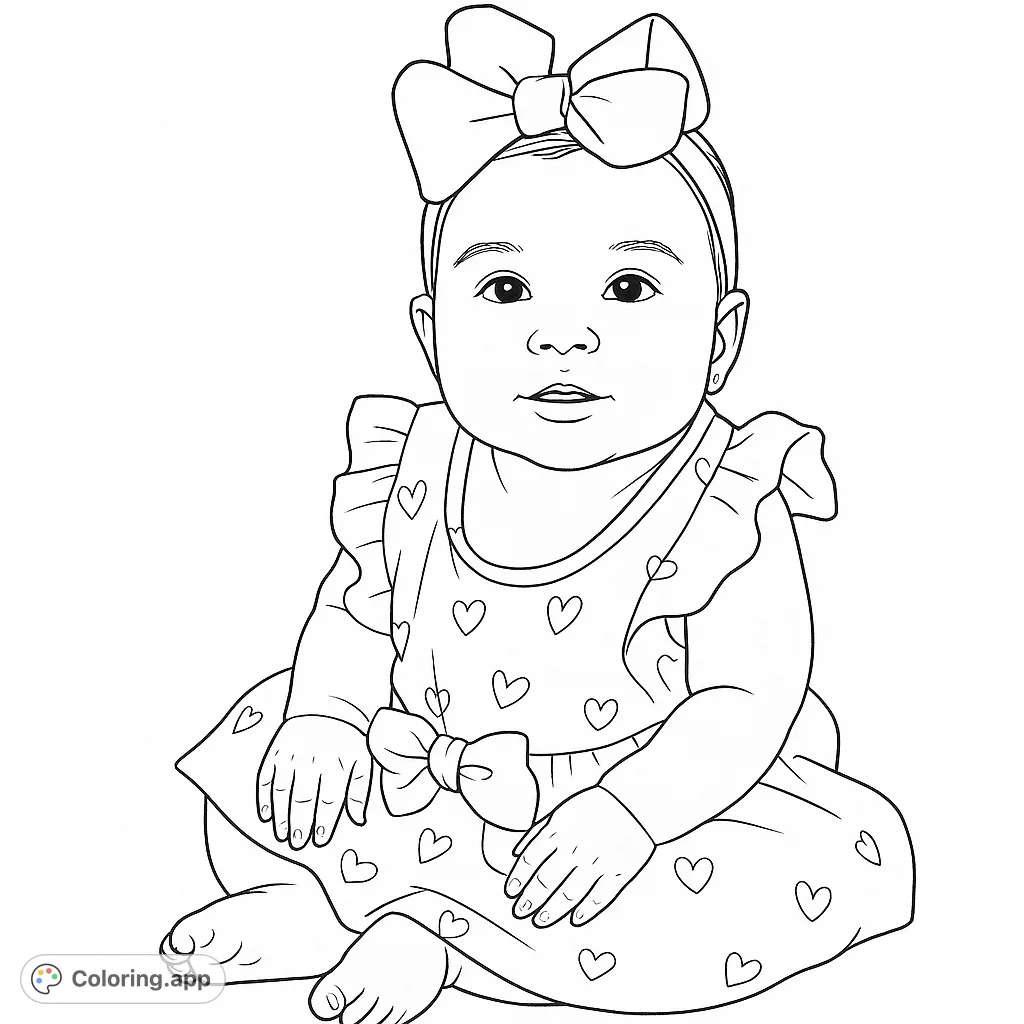 Adorable baby coloring page featuring a sweet infant with a big bow and heart-patterned dress, perfect for celebrating new arrivals and childhood joy.